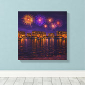 Luxe Waterfront Vuurwerk Nacht Canvas Kunstwerk Afdruk (Insitu (Houten vloer))