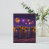 Luxe Waterfront Vuurwerk Nacht Canvas Kunstwerk Briefkaart (Staand voorkant)
