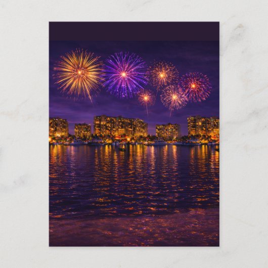 Luxe Waterfront Vuurwerk Nacht Canvas Kunstwerk Briefkaart (Voorkant)