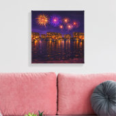 Luxe Waterfront Vuurwerk Nacht Canvas Wand Kunst Afdruk (Insitu (Woonkamer))