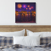 Luxe Waterfront Vuurwerk Nacht Canvas Wand Kunst Afdruk (Insitu (Slaapkamer))