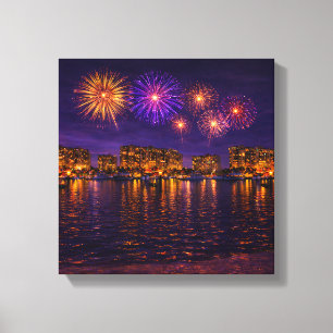 Luxe Waterfront Vuurwerk Nacht Canvas Wand Kunst Afdruk