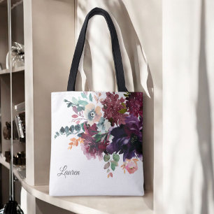 Luxe waterverf bordeauxrode bloemen met naam tote bag