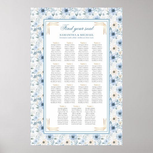 Luxe Waterverf Lichtblauw Goud Zitplaatskaart Poster (Voorkant)