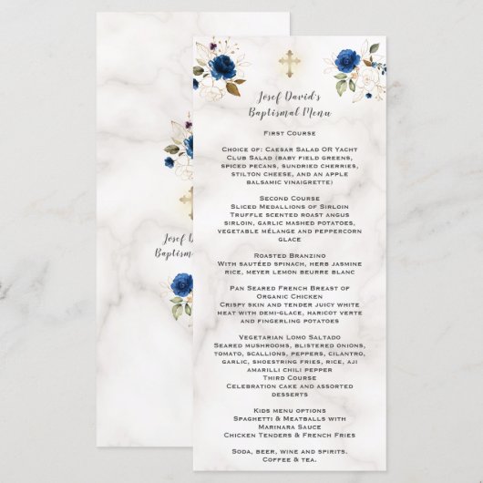 Luxe Waterverf Navy Blue Gold Floral Baptisme Menu (Voorkant / Achterkant)