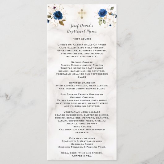 Luxe Waterverf Navy Blue Gold Floral Baptisme Menu (Voorkant)