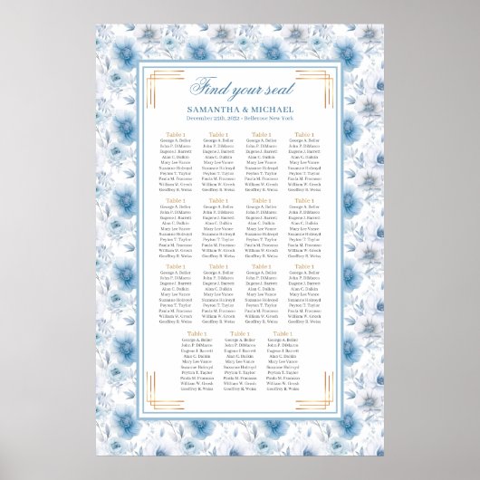 Luxe Waterverf Pastel Blauw Goud Zitplaatskaart Poster (Voorkant)