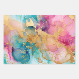 Luxe Waterverf Roze Blauw en Goud Abstract Inpakpapier Vel