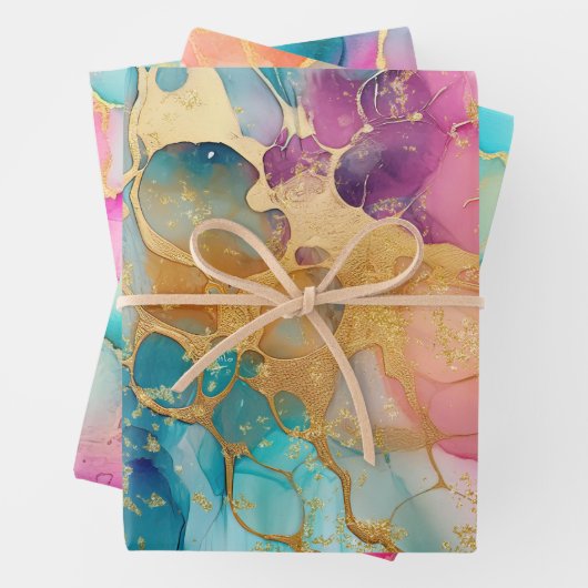 Luxe Waterverf Roze Blauw en Goud Abstract Inpakpapier Vel (In situ)