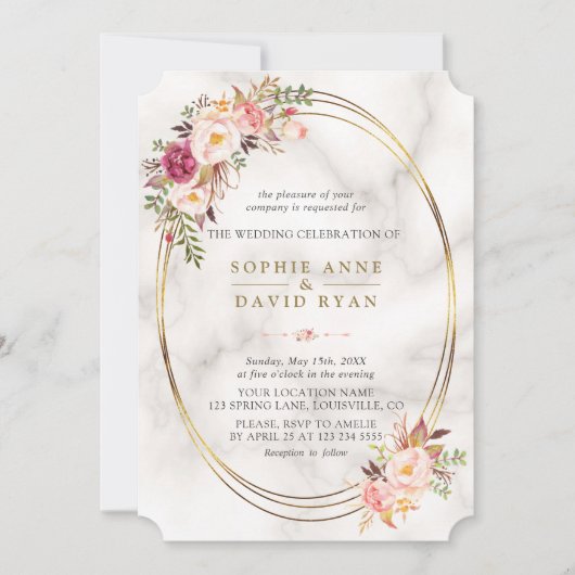 Luxe Waterverf roze bloemen marmer Wedding Kaart (Voorkant)