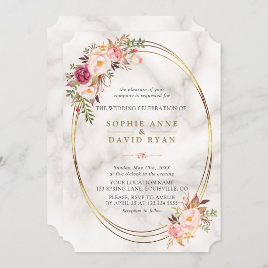 Luxe Waterverf roze bloemen marmer Wedding Kaart (Voorkant / Achterkant)