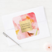 Luxe Waterverf Roze Bloemen met Nep Gouden Lijst Vierkante Sticker (Envelop)