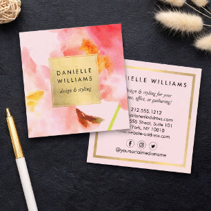 Luxe Waterverf roze Florals met Faux Gold Lijst Vierkante Visitekaartje