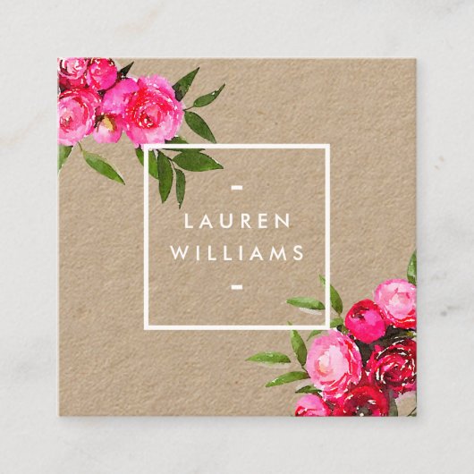 Luxe Waterverf Rozen op Kraft Vierkante Visitekaartje (Voorkant)