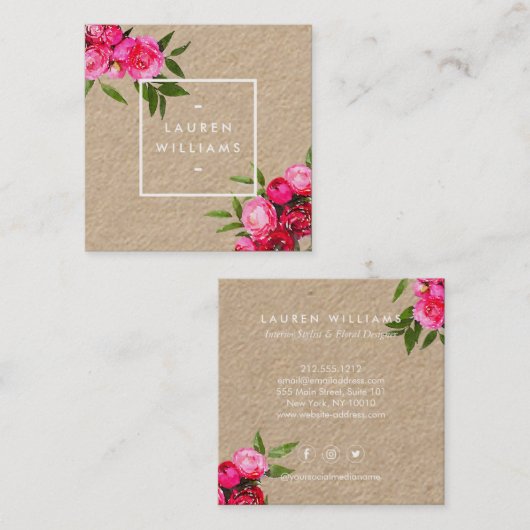 Luxe Waterverf Rozen op Kraft Vierkante Visitekaartje (Voorkant / Achterkant)