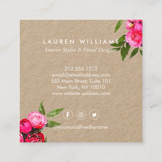 Luxe Waterverf Rozen op Kraft Vierkante Visitekaartje (Achterkant)