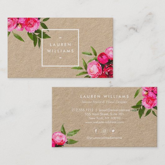 Luxe Waterverf Rozen op Kraft Visitekaartje (Voorkant / Achterkant)