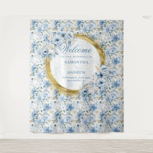 Luxe Waterverf Stoffig Blauw Goud Trouwtapijt Wandkleed (Voorkant)