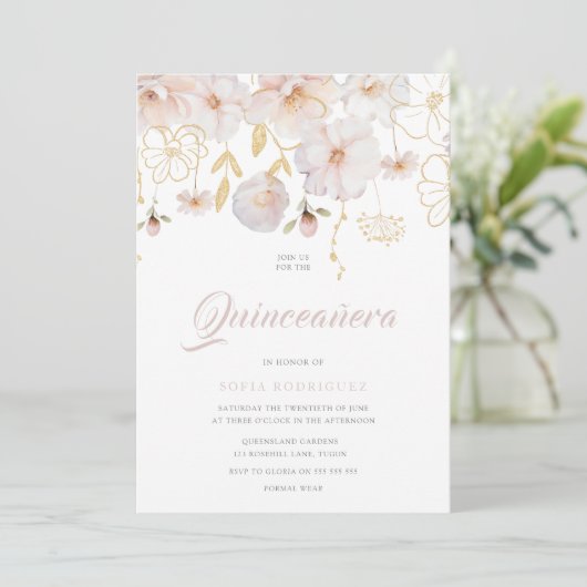 Luxe Waterverf Wildbloemen Blush Quinceanera Kaart (Staand voorkant)