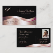 Luxe Wavy Roos Gold Decor Zwart Monogram Foto Visitekaartje (Voorkant / Achterkant)