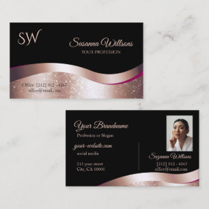 Luxe Wavy Roos Gold Decor Zwart Monogram Foto Visitekaartje
