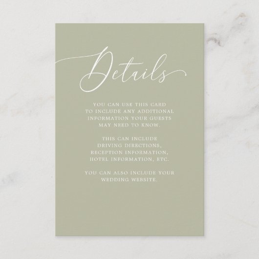 Luxe Wedding | Moss Green Guest Details Insert Informatiekaartje (Voorkant)