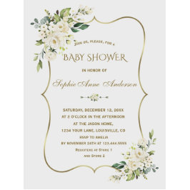 Luxe White Cream Flowers Gold Baby shower Kaart