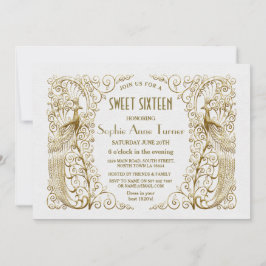 Luxe White Gold Art Deco Peacocks Sweet Sixteen Kaart