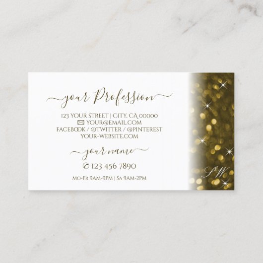 Luxe White Gold Sparking Glitter Stars Monogram Visitekaartje (Achterkant)