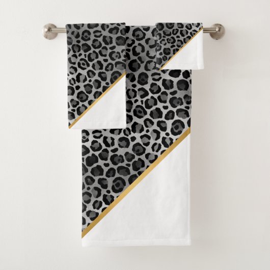 LUXE WHITE GRAY LEOPARD GOLD BATH TOWEL SET BAD HANDDOEK (Insitu)