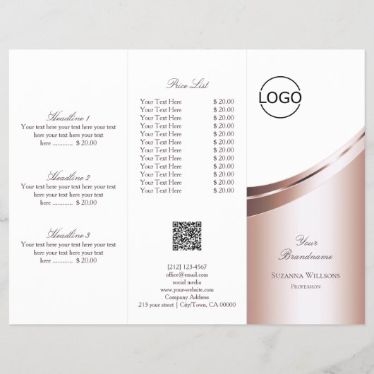 Luxe White Rose Gold Decor Logo QR Code Tri Fold Flyer (Voorkant)