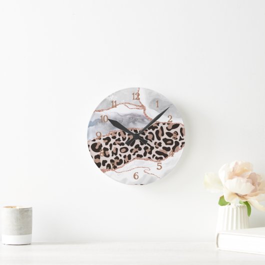 Luxe White Rose Gold Glitter Agate Leopard Print Ronde Klok (Huis)