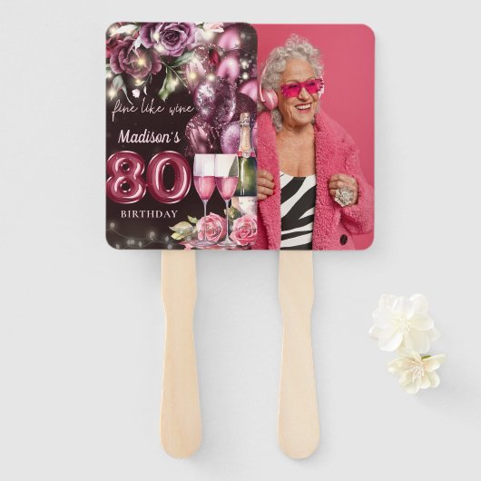 Luxe wijn 80e verjaardag foto handwaaier (Voorkant en achterkant)