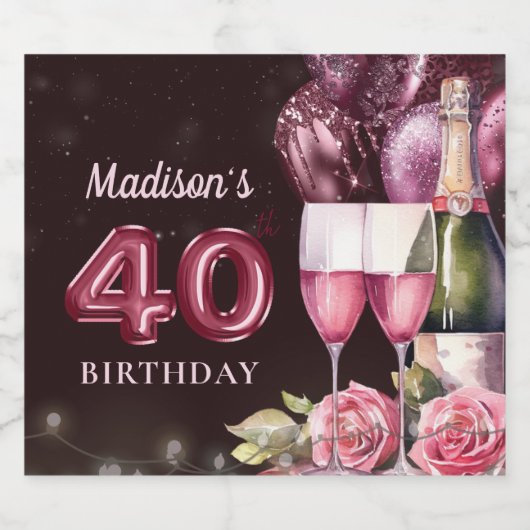 Luxe Wijn & Ballonnen 40e Verjaardag Sparkling Wijnetiket (Enkel label)