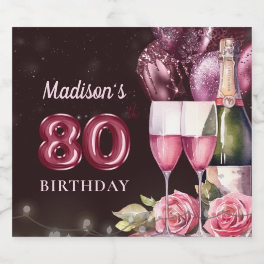 Luxe Wijn & Ballonnen 80ste verjaardag Sparkling Wijnetiket (Enkel label)