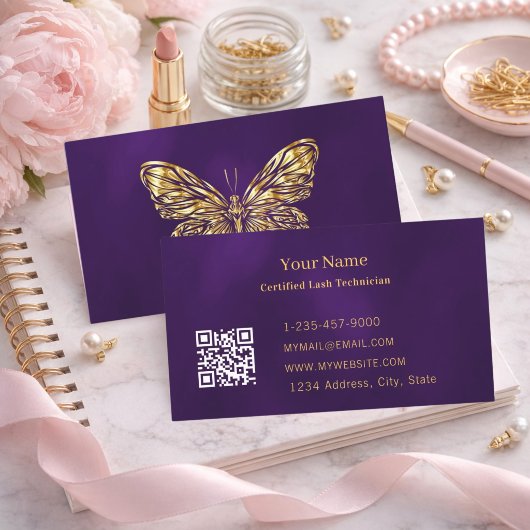 Luxe Wimper Tech Paarse Gouden Vlinder QR Code Visitekaartje