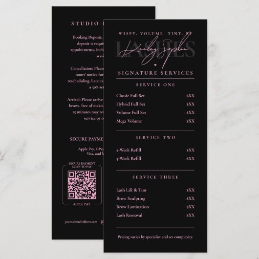 Luxe Wimper Tech Roze Zwarte Wimper Bar Prijslijst Menu (Voorkant / Achterkant)