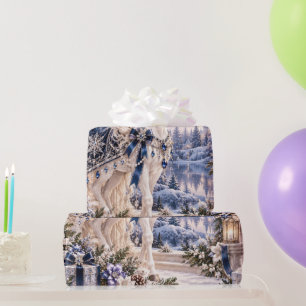 Luxe Winter Paardensport Blauwgroene Kerstverpakki Cadeaupapier