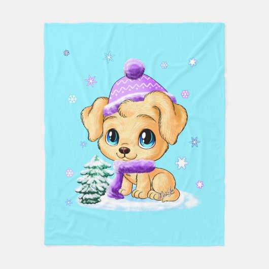 Luxe Winter Puppy Dog Blue Fleece Blanket MEDIUM (Voorkant)