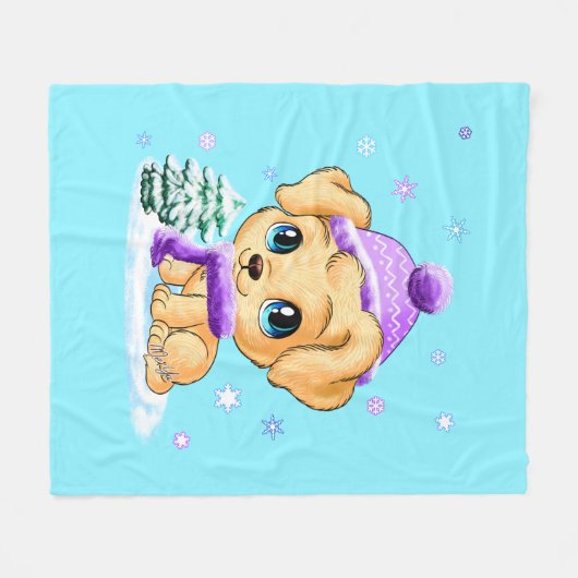 Luxe Winter Puppy Dog Blue Fleece Blanket MEDIUM (Voorkant (Horizontaal))