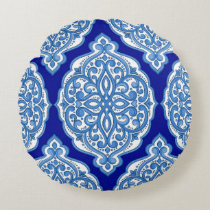 Luxe wit-blauw, Turks ornament. Rond Kussen