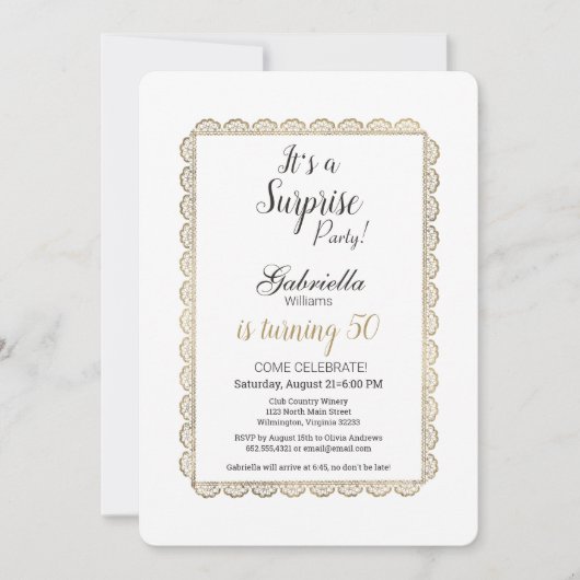 Luxe wit chique goud bloemenkant Surprise Party Kaart (Voorkant)