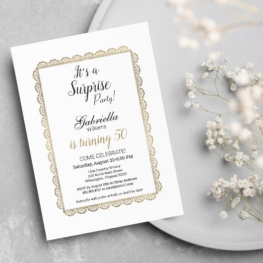 Luxe wit chique goud bloemenkant Surprise Party Kaart