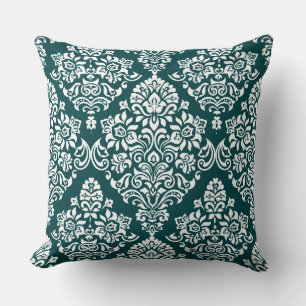Luxe wit damastpatroon op diep turquoise kussen