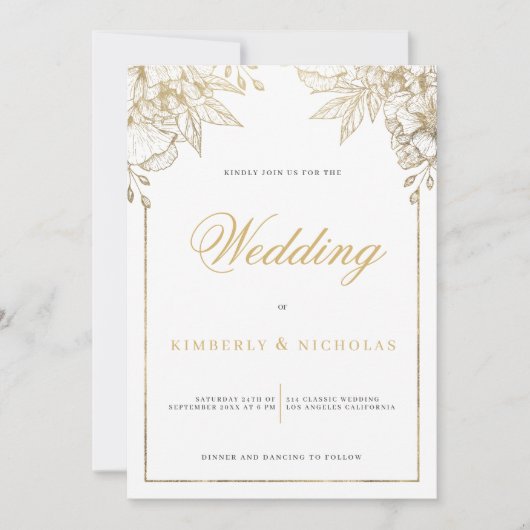 Luxe wit en goud bloemenbruiloft kaart (Voorkant)