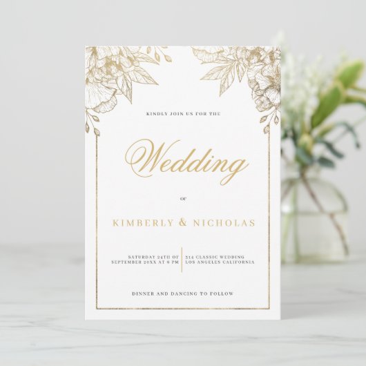 Luxe wit en goud bloemenbruiloft kaart (Staand voorkant)