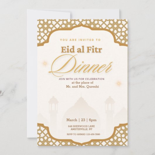 Luxe Wit en Goud Eid al fitr Party uitnodiging (Voorkant)