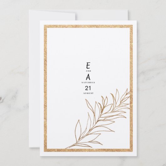 Luxe wit en goud glitter blad bloemenbruiloft kaart (Achterkant)
