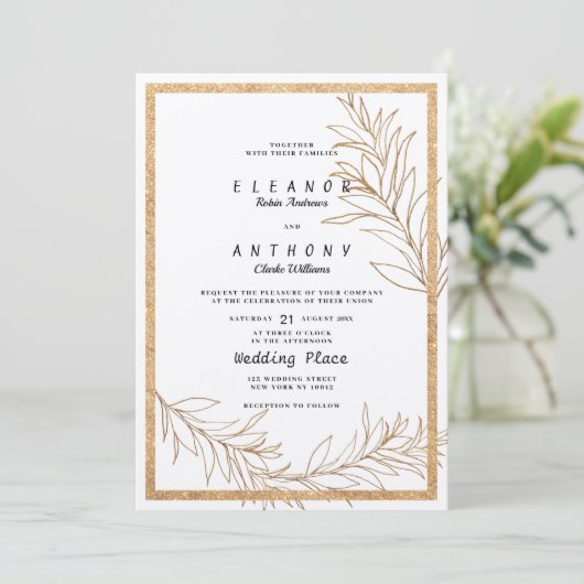 Luxe wit en goud glitter blad bloemenbruiloft kaart (Staand voorkant)