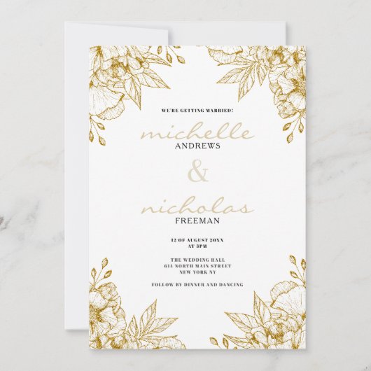 Luxe wit en goud glitter bloemenbruiloft kaart (Voorkant)